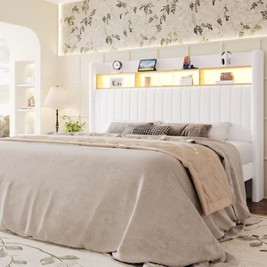 King Size Platform Bed Frame / 2-Tier Storage Shelf/Velvet Wingback Upholstered Headboard/LED Lights and Charging Station/No Box Spring Needed/Noise-Free/Easy Assembly/White King Size Platform Bed Frame / 2-Tier Storage Shelf/Velvet Wingback Upholstered Headboard/LED Lights and Charging Station/No Box Spring Needed/Noise-Free/Easy Assembly/White