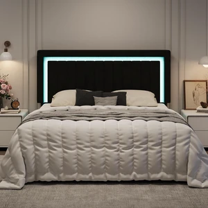 King Size Velvet Bed Frame with LED Light, Adjustable Vertical Channel Tufted Headboard, Strong Wooden Slats Support, Noise-Free, No Box Spring Needed, Black King Size Velvet Bed Frame with LED Light, Adjustable Vertical Channel Tufted Headboard, Strong Wooden Slats Support, Noise-Free, No Box Spring Needed, Black