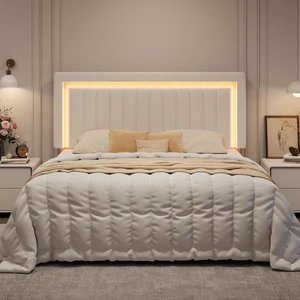 King Size Velvet Bed Frame with LED Light, Adjustable Vertical Channel Tufted Headboard, Strong Wooden Slats Support, Noise-Free, No Box Spring Needed, White King Size Velvet Bed Frame with LED Light, Adjustable Vertical Channel Tufted Headboard, Strong Wooden Slats Support, Noise-Free, No Box Spring Needed, White