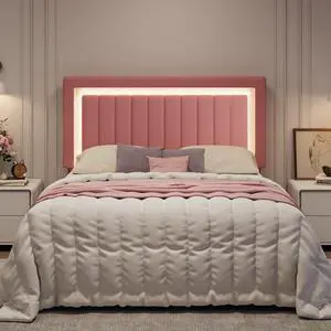 Full Size Velvet Bed Frame with LED Light, Adjustable Vertical Channel Tufted Headboard, Strong Wooden Slats Support, Noise-Free, No Box Spring Needed, Pink Full Size Velvet Bed Frame with LED Light, Adjustable Vertical Channel Tufted Headboard, Strong Wooden Slats Support, Noise-Free, No Box Spring Needed, Pink