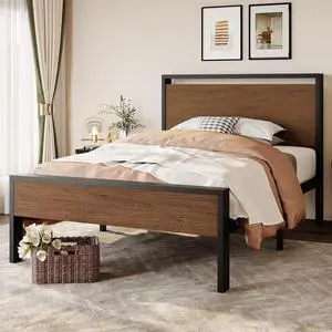 14 Inch Twin Size Metal Platform Bed Frame with Wooden Headboard and Footboard, Mattress Foundation, No Box Spring Needed, Large Under Bed Storage, Heavy Duty Slats Support, Walnut 14 Inch Twin Size Metal Platform Bed Frame with Wooden Headboard and Footboard, Mattress Foundation, No Box Spring Needed, Large Under Bed Storage, Heavy Duty Slats Support, Walnut