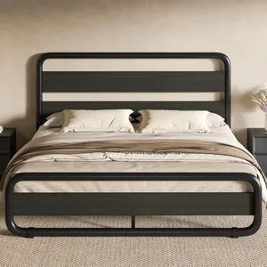 Full Size Metal Bed Frame with Wooden Headboard and Footboard, Heavy Duty Oval-Shaped Platform Bed Frame with 10" Under-Bed Storage, Noise Free, No Box Spring Needed, Black Full Size Metal Bed Frame with Wooden Headboard and Footboard, Heavy Duty Oval-Shaped Platform Bed Frame with 10" Under-Bed Storage, Noise Free, No Box Spring Needed, Black