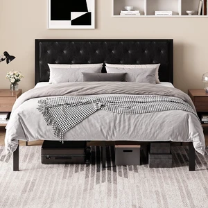 King Size Metal Bed Frame with PU Tufted Headboard, Black | Modern Design Heavy-Duty Platform Bed, No Box Spring Need, PU Leather Upholstery, Noise Free, Easy Assembly King Size Metal Bed Frame with PU Tufted Headboard, Black | Modern Design Heavy-Duty Platform Bed, No Box Spring Need, PU Leather Upholstery, Noise Free, Easy Assembly