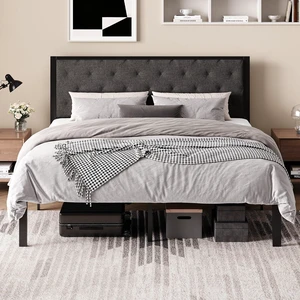 King Size Metal Bed Frame with Linen Tufted Headboard, Dark Gray | Modern Design Heavy-Duty Platform Bed, No Box Spring Need, Linen Fabric Upholstery, Noise Free, Easy Assembly King Size Metal Bed Frame with Linen Tufted Headboard, Dark Gray | Modern Design Heavy-Duty Platform Bed, No Box Spring Need, Linen Fabric Upholstery, Noise Free, Easy Assembly
