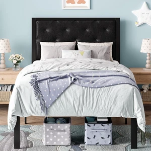 Twin Size Metal Bed Frame with PU Tufted Headboard, Black | Modern Design Heavy-Duty Platform Bed, No Box Spring Need, PU Leather Upholstery, Noise Free, Easy Assembly Twin Size Metal Bed Frame with PU Tufted Headboard, Black | Modern Design Heavy-Duty Platform Bed, No Box Spring Need, PU Leather Upholstery, Noise Free, Easy Assembly