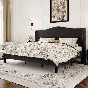 King Size Velvet Platform Bed Frame with Elegant Wingback Headboard, Modern & Luxurious Design, Sturdy Wooden Slats, No Box Spring Required, Easy Assembly, Noise-Free, Soft Black King Size Velvet Platform Bed Frame with Elegant Wingback Headboard, Modern & Luxurious Design, Sturdy Wooden Slats, No Box Spring Required, Easy Assembly, Noise-Free, Soft Black
