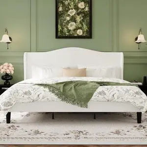 King Size Velvet Platform Bed Frame with Elegant Wingback Headboard, Modern & Luxurious Design, Sturdy Wooden Slats, No Box Spring Required, Easy Assembly, Noise-Free, Soft White King Size Velvet Platform Bed Frame with Elegant Wingback Headboard, Modern & Luxurious Design, Sturdy Wooden Slats, No Box Spring Required, Easy Assembly, Noise-Free, Soft White