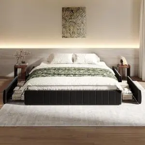 King Size Velvet Upholstered Platform Bed Frame with 4 Storage Drawers, Vertical Channel Tufted, Low Profile, Fits Standard Headboards, Wooden Slats Support, Easy Assembly, Black King Size Velvet Upholstered Platform Bed Frame with 4 Storage Drawers, Vertical Channel Tufted, Low Profile, Fits Standard Headboards, Wooden Slats Support, Easy Assembly, Black