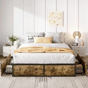 Queen Platform Bed Frame with 2 Large Storage Drawers, Rustic Wood and Metal, Noise-Free, Easy Assembly, No Box Spring Needed, Brown Queen Platform Bed Frame with 2 Large Storage Drawers, Rustic Wood and Metal, Noise-Free, Easy Assembly, No Box Spring Needed, Brown