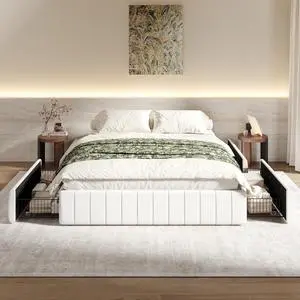 Queen Size Velvet Upholstered Platform Bed Frame with 4 Storage Drawers, Vertical Channel Tufted, Low Profile, Fits Standard Headboards, Wooden Slats Support, Easy Assembly, White Queen Size Velvet Upholstered Platform Bed Frame with 4 Storage Drawers, Vertical Channel Tufted, Low Profile, Fits Standard Headboards, Wooden Slats Support, Easy Assembly, White