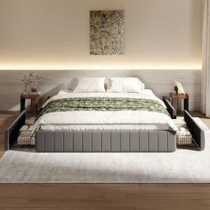 King Size Velvet Upholstered Platform Bed Frame with 4 Storage Drawers, Vertical Channel Tufted, Low Profile, Fits Standard Headboards, Wooden Slats Support, Easy Assembly, Grey King Size Velvet Upholstered Platform Bed Frame with 4 Storage Drawers, Vertical Channel Tufted, Low Profile, Fits Standard Headboards, Wooden Slats Support, Easy Assembly, Grey