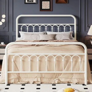 Queen Size Metal Platform Bed Frame with Vintage Headboard and Footboard, Iron Arch with Ball Paint Finish, Under Storage Space, No Box Spring Needed, Easy to Assemble, Cream White Queen Size Metal Platform Bed Frame with Vintage Headboard and Footboard, Iron Arch with Ball Paint Finish, Under Storage Space, No Box Spring Needed, Easy to Assemble, Cream White