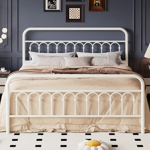 King Size Metal Platform Bed Frame with Vintage Headboard and Footboard, Iron Arch with Ball Paint Finish, Under Storage Space, No Box Spring Needed, Easy to Assemble, Cream White King Size Metal Platform Bed Frame with Vintage Headboard and Footboard, Iron Arch with Ball Paint Finish, Under Storage Space, No Box Spring Needed, Easy to Assemble, Cream White