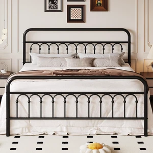 King Size Metal Platform Bed Frame with Vintage Headboard and Footboard, Iron Arch with Ball Paint Finish, Under Storage Space, No Box Spring Needed, Easy to Assemble, Black King Size Metal Platform Bed Frame with Vintage Headboard and Footboard, Iron Arch with Ball Paint Finish, Under Storage Space, No Box Spring Needed, Easy to Assemble, Black