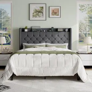 Full Size Platform Bed Frame with Charging Station, Linen Wingback Headboard with Storage Shelf, Wooden Slats Support, Ample Under-Bed Space, No Box Spring Needed, Easy Assembly, Dark Grey Full Size Platform Bed Frame with Charging Station, Linen Wingback Headboard with Storage Shelf, Wooden Slats Support, Ample Under-Bed Space, No Box Spring Needed, Easy Assembly, Dark Grey