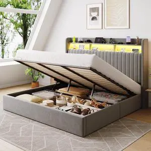 King Size Lift Up Storage Bed Frame/LED Lights/Charging Station/2-Tier Shelves Headboard/USB,Type-C Ports/Velvet Upholstered/Hydraulic Support/No Box Spring Needed/Noise Free/Gray King Size Lift Up Storage Bed Frame/LED Lights/Charging Station/2-Tier Shelves Headboard/USB,Type-C Ports/Velvet Upholstered/Hydraulic Support/No Box Spring Needed/Noise Free/Gray