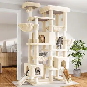 87 in Multi-Level Tall Cat Tree Tower for Large Cats/Extra Wide Feline Activity Center/Sisal Scratching Posts/Wide Base/Cozy Plush Perches/Baskets/Hammocks/Toy Balls/Beige 87 in Multi-Level Tall Cat Tree Tower for Large Cats/Extra Wide Feline Activity Center/Sisal Scratching Posts/Wide Base/Cozy Plush Perches/Baskets/Hammocks/Toy Balls/Beige
