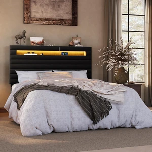Full Bed Frame with LED Light & 2-Tier Storage Shelf, Velvet Upholstered Adjustable Headboard with Charing Station, Horizontal Channel Tufted, No Box Spring Needed, Easy Assembly, Black Full Bed Frame with LED Light & 2-Tier Storage Shelf, Velvet Upholstered Adjustable Headboard with Charing Station, Horizontal Channel Tufted, No Box Spring Needed, Easy Assembly, Black