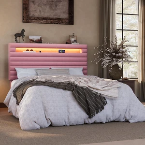 Queen Bed Frame with LED Light & 2-Tier Storage Shelf, Velvet Upholstered Adjustable Headboard with Charing Station, Horizontal Channel Tufted, No Box Spring Needed, Easy Assembly, Pink Queen Bed Frame with LED Light & 2-Tier Storage Shelf, Velvet Upholstered Adjustable Headboard with Charing Station, Horizontal Channel Tufted, No Box Spring Needed, Easy Assembly, Pink
