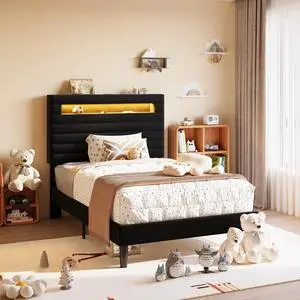 Twin Bed Frame with LED Light & 2-Tier Storage Shelf, Velvet Upholstered Adjustable Headboard with Charing Station, Horizontal Channel Tufted, No Box Spring Needed, Easy Assembly, Black Twin Bed Frame with LED Light & 2-Tier Storage Shelf, Velvet Upholstered Adjustable Headboard with Charing Station, Horizontal Channel Tufted, No Box Spring Needed, Easy Assembly, Black