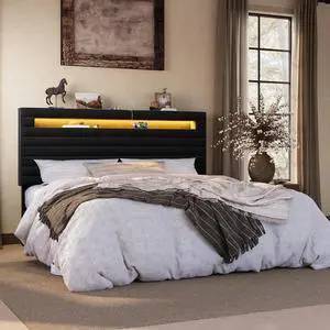 King Bed Frame with LED Light & 2-Tier Storage Shelf, Velvet Upholstered Adjustable Headboard with Charing Station, Horizontal Channel Tufted, No Box Spring Needed, Easy Assembly, Black King Bed Frame with LED Light & 2-Tier Storage Shelf, Velvet Upholstered Adjustable Headboard with Charing Station, Horizontal Channel Tufted, No Box Spring Needed, Easy Assembly, Black