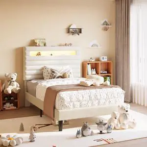 Twin Bed Frame with LED Light & 2-Tier Storage Shelf, Velvet Upholstered Adjustable Headboard with Charing Station, Horizontal Channel Tufted, No Box Spring Needed, Easy Assembly, White Twin Bed Frame with LED Light & 2-Tier Storage Shelf, Velvet Upholstered Adjustable Headboard with Charing Station, Horizontal Channel Tufted, No Box Spring Needed, Easy Assembly, White