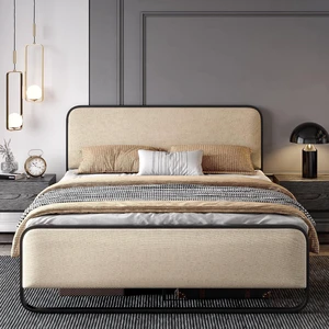 Full Size Platform Metal Bed Frame with Curved Upholstered Headboard and Footboard, Large Under Bed Storage, No Box Spring Needed, Modern, Beige Full Size Platform Metal Bed Frame with Curved Upholstered Headboard and Footboard, Large Under Bed Storage, No Box Spring Needed, Modern, Beige