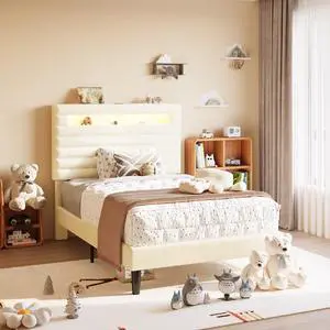 Twin Bed Frame with LED Light & 2-Tier Storage Shelf, Velvet Upholstered Adjustable Headboard with Charing Station, Horizontal Channel Tufted, No Box Spring Needed, Easy Assembly, Cream Twin Bed Frame with LED Light & 2-Tier Storage Shelf, Velvet Upholstered Adjustable Headboard with Charing Station, Horizontal Channel Tufted, No Box Spring Needed, Easy Assembly, Cream