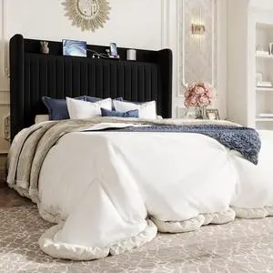 Queen Size Velvet Bed Frame with USB Charging Station, Wingback Storage Headboard, Upholstered Platform Bed with Wooden Slats Support, No Box Spring Needed, Easy Assembly, Black Queen Size Velvet Bed Frame with USB Charging Station, Wingback Storage Headboard, Upholstered Platform Bed with Wooden Slats Support, No Box Spring Needed, Easy Assembly, Black
