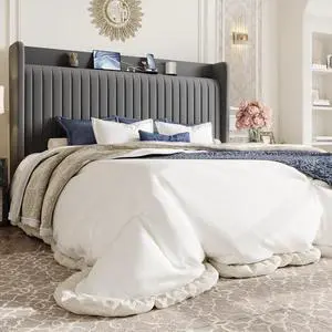 King Size Velvet Bed Frame with USB Charging Station, Wingback Storage Headboard, Upholstered Platform Bed with Wooden Slats Support, No Box Spring Needed, Easy Assembly, Grey King Size Velvet Bed Frame with USB Charging Station, Wingback Storage Headboard, Upholstered Platform Bed with Wooden Slats Support, No Box Spring Needed, Easy Assembly, Grey