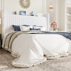 King Size Velvet Bed Frame with USB Charging Station, Wingback Storage Headboard, Upholstered Platform Bed with Wooden Slats Support, No Box Spring Needed, Easy Assembly, White King Size Velvet Bed Frame with USB Charging Station, Wingback Storage Headboard, Upholstered Platform Bed with Wooden Slats Support, No Box Spring Needed, Easy Assembly, White