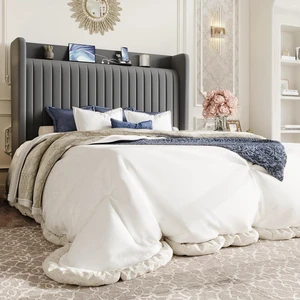 Queen Size Velvet Bed Frame with USB Charging Station, Wingback Storage Headboard, Upholstered Platform Bed with Wooden Slats Support, No Box Spring Needed, Easy Assembly, Grey Queen Size Velvet Bed Frame with USB Charging Station, Wingback Storage Headboard, Upholstered Platform Bed with Wooden Slats Support, No Box Spring Needed, Easy Assembly, Grey