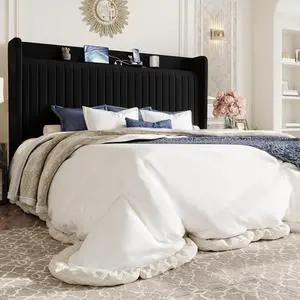 King Size Velvet Bed Frame with USB Charging Station, Wingback Storage Headboard, Upholstered Platform Bed with Wooden Slats Support, No Box Spring Needed, Easy Assembly, Black King Size Velvet Bed Frame with USB Charging Station, Wingback Storage Headboard, Upholstered Platform Bed with Wooden Slats Support, No Box Spring Needed, Easy Assembly, Black