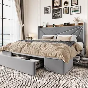King Size Bed Frame with 3 Drawers, USB & Type-C Charging Ports, Velvet Upholstered Platform Bed with Modern Geometric Wingback Storage Headboard, No Box Spring Needed, Easy Assembly, Grey King Size Bed Frame with 3 Drawers, USB & Type-C Charging Ports, Velvet Upholstered Platform Bed with Modern Geometric Wingback Storage Headboard, No Box Spring Needed, Easy Assembly, Grey