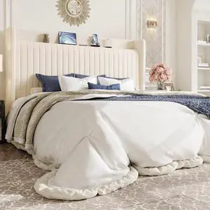 King Size Velvet Bed Frame with USB Charging Station, Wingback Storage Headboard, Upholstered Platform Bed with Wooden Slats Support, No Box Spring Needed, Easy Assembly, Cream White King Size Velvet Bed Frame with USB Charging Station, Wingback Storage Headboard, Upholstered Platform Bed with Wooden Slats Support, No Box Spring Needed, Easy Assembly, Cream White