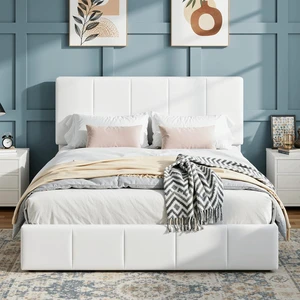 Queen Bed Frame, Velvet Upholstered Platform Bed Frame, Vertical Channel Tufted Adjustable Headboard, Low Profile Bed Frame, No Box Spring Needed, Easy Assembly, White Queen Bed Frame, Velvet Upholstered Platform Bed Frame, Vertical Channel Tufted Adjustable Headboard, Low Profile Bed Frame, No Box Spring Needed, Easy Assembly, White