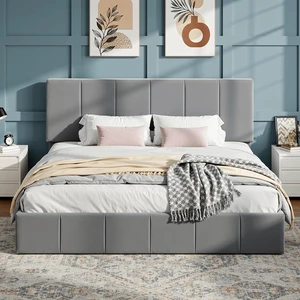 King Size Bed Frame, Velvet Upholstered Platform Bed, Vertical Channel Tufted Adjustable Headboard, Low Profile Bed Frame, No Box Spring Needed, Easy Assembly, Grey King Size Bed Frame, Velvet Upholstered Platform Bed, Vertical Channel Tufted Adjustable Headboard, Low Profile Bed Frame, No Box Spring Needed, Easy Assembly, Grey