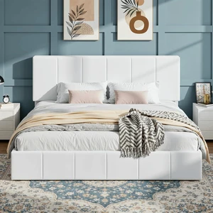 King Size Bed Frame, Velvet Upholstered Platform Bed, Vertical Channel Tufted Adjustable Headboard, Low Profile Bed Frame, No Box Spring Needed, Easy Assembly, White King Size Bed Frame, Velvet Upholstered Platform Bed, Vertical Channel Tufted Adjustable Headboard, Low Profile Bed Frame, No Box Spring Needed, Easy Assembly, White