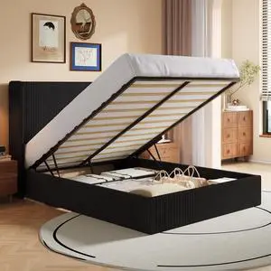 Queen Size Lift Up Storage Bed Frame, Modern Upholstered Wingback Headboard, Hydraulic Support & Underneath Storage, Soft Corduroy Fabric Platform Bed, No Box Spring Needed, Black Queen Size Lift Up Storage Bed Frame, Modern Upholstered Wingback Headboard, Hydraulic Support & Underneath Storage, Soft Corduroy Fabric Platform Bed, No Box Spring Needed, Black