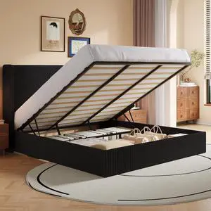 King Size Lift Up Storage Bed Frame, Modern Upholstered Wingback Headboard, Hydraulic Support & Underneath Storage, Soft Corduroy Fabric Platform Bed, No Box Spring Needed, Black King Size Lift Up Storage Bed Frame, Modern Upholstered Wingback Headboard, Hydraulic Support & Underneath Storage, Soft Corduroy Fabric Platform Bed, No Box Spring Needed, Black