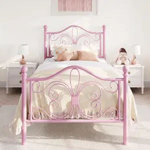 Twin Size Bed Frame for Kids,Metal Bed Frame with Butterfly Pattern Design Headboard and Footboard,No Box Spring Needed,Easy Assembly,Pink Twin Size Bed Frame for Kids,Metal Bed Frame with Butterfly Pattern Design Headboard and Footboard,No Box Spring Needed,Easy Assembly,Pink