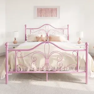 Full Size Bed Frame for Kids,Metal Bed Frame with Butterfly Pattern Design Headboard and Footboard,No Box Spring Needed,Easy Assembly,Pink Full Size Bed Frame for Kids,Metal Bed Frame with Butterfly Pattern Design Headboard and Footboard,No Box Spring Needed,Easy Assembly,Pink