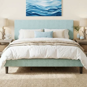 Boucle Upholstered King Size Bed Frame, Ice Blue | Platform Bed with Adjustable Headboard, Wooden Slats Support, No Box Spring Needed, Noise-Free, Easy Assembly Boucle Upholstered King Size Bed Frame, Ice Blue | Platform Bed with Adjustable Headboard, Wooden Slats Support, No Box Spring Needed, Noise-Free, Easy Assembly