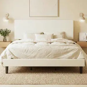 Boucle Upholstered King Size Bed Frame, Cream | Platform Bed with Adjustable Headboard, Wooden Slats Support, No Box Spring Needed, Noise-Free, Easy Assembly Boucle Upholstered King Size Bed Frame, Cream | Platform Bed with Adjustable Headboard, Wooden Slats Support, No Box Spring Needed, Noise-Free, Easy Assembly