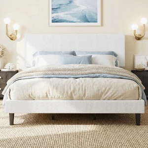 Boucle Upholstered King Size Bed Frame, White | Platform Bed with Adjustable Headboard, Wooden Slats Support, No Box Spring Needed, Noise-Free, Easy Assembly Boucle Upholstered King Size Bed Frame, White | Platform Bed with Adjustable Headboard, Wooden Slats Support, No Box Spring Needed, Noise-Free, Easy Assembly