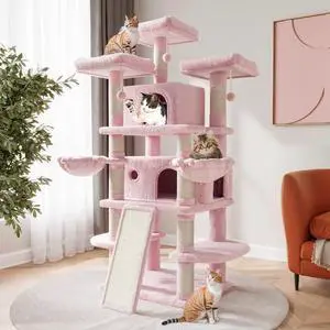 68 Inches Multi-Level Large Cat Tree for Large Kitties/Big Cat Tower with Condo/Cozy Plush Pussycat Perches/Sisal Scratching Posts and Hammocks/Activity Center/Pink 68 Inches Multi-Level Large Cat Tree for Large Kitties/Big Cat Tower with Condo/Cozy Plush Pussycat Perches/Sisal Scratching Posts and Hammocks/Activity Center/Pink