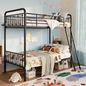 Convertible Twin Over Twin Bunk Bed,CPC Certified,Black | Victorian Iron-Art Headboard and Footboard,Space-Saving Metal Bunk Bed with Guardrail & Ladder,No Box Spring Needed Convertible Twin Over Twin Bunk Bed,CPC Certified,Black | Victorian Iron-Art Headboard and Footboard,Space-Saving Metal Bunk Bed with Guardrail & Ladder,No Box Spring Needed