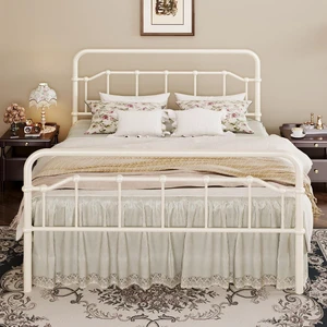 Queen Size Vintage Victorian Metal Platform Bed Frame, Curved Iron Art Headboard & Footboard, Under Bed Storage, No Box Spring Needed, Easy Assembly, Cream White Queen Size Vintage Victorian Metal Platform Bed Frame, Curved Iron Art Headboard & Footboard, Under Bed Storage, No Box Spring Needed, Easy Assembly, Cream White