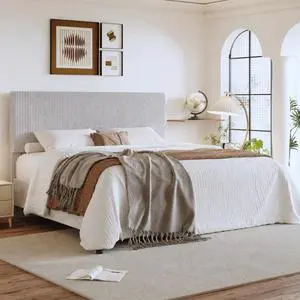 King Bed Frame, Velvet Platform Bed Frame with Vertical Channel Tufted Headboard, Upholstered Corduroy, Strong Wooden Slats, No Box Spring Needed, Easy Assembly, Light Grey King Bed Frame, Velvet Platform Bed Frame with Vertical Channel Tufted Headboard, Upholstered Corduroy, Strong Wooden Slats, No Box Spring Needed, Easy Assembly, Light Grey