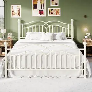 Vintage King Metal Bed Frame with Headboard and Footboard, Heavy Duty Platform Bed Frame, 12.4" Under-Bed Storage, Noise-Free, No Box Spring Needed, Easy Assembly, White Vintage King Metal Bed Frame with Headboard and Footboard, Heavy Duty Platform Bed Frame, 12.4" Under-Bed Storage, Noise-Free, No Box Spring Needed, Easy Assembly, White